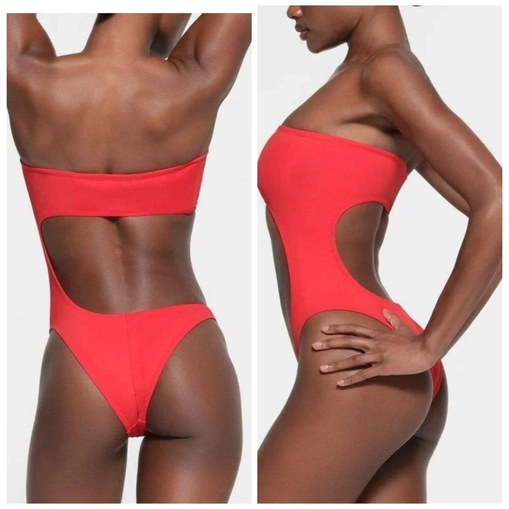SKIMS Recycled Swim Strapless Monokini Ruby Red Large NEW
